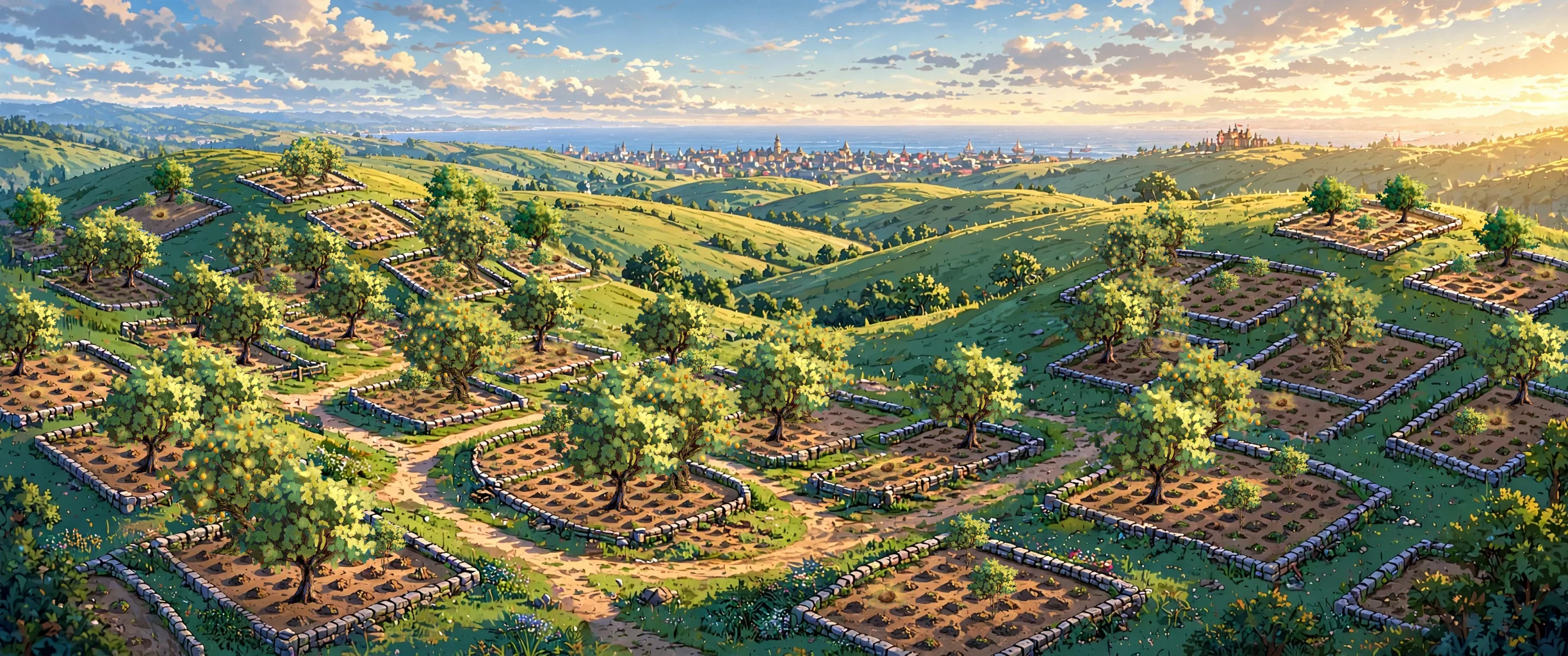 The living grove: a painted postcard of all 106 planting slots, refreshed every few minutes.